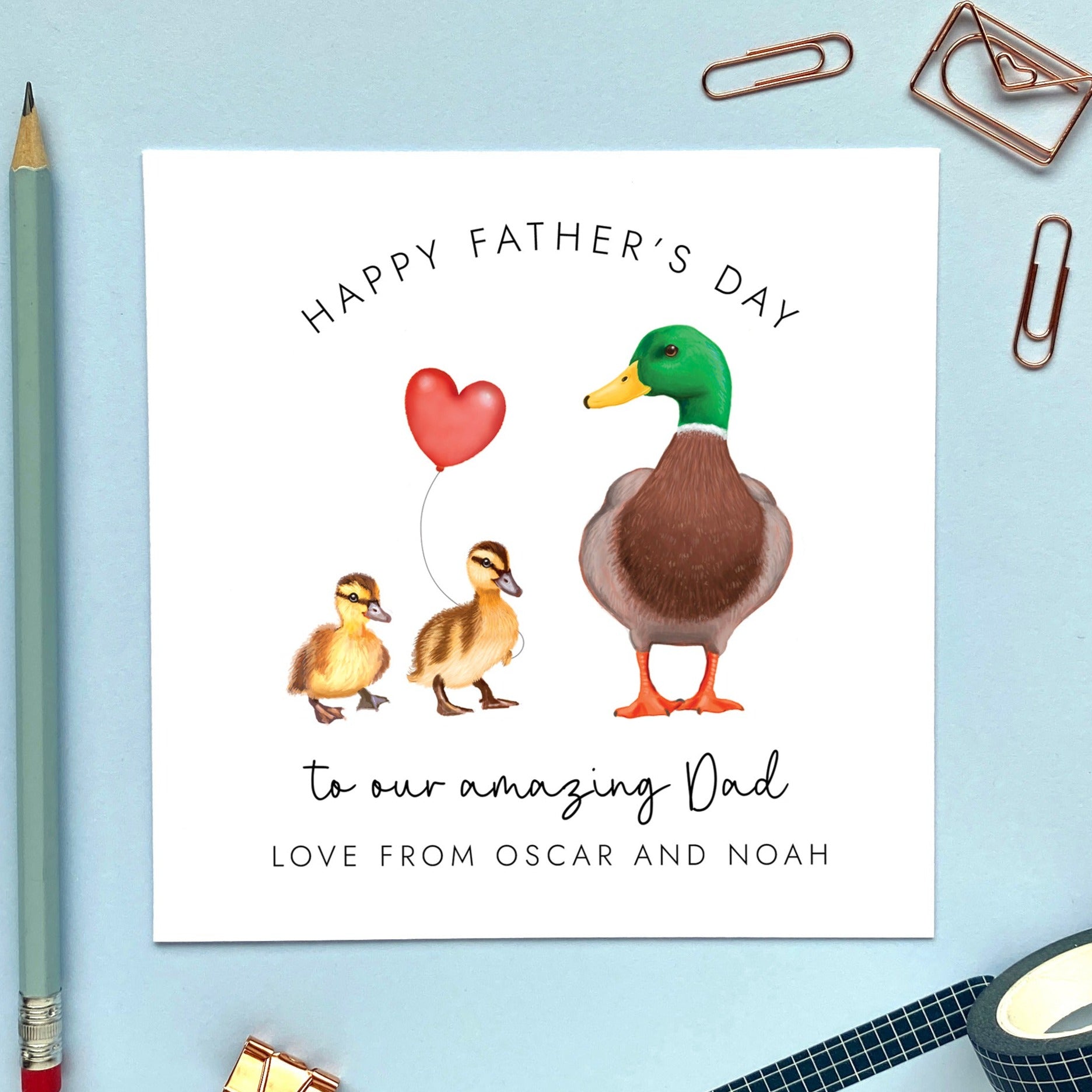 Personalised Duck Two Children Fathers Day Card | Lilac Kitten Designs