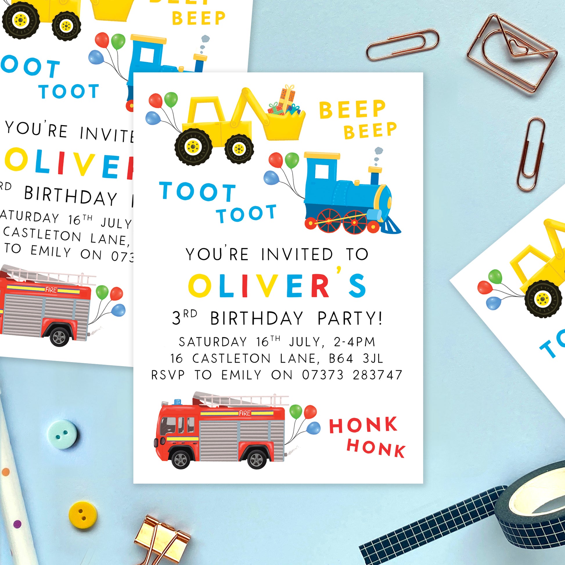 personalised transportation birthday party invitations - invites for little boy's party, digger, fire engine, train, cars, vehicles, tractor - first birthday party, second birthday party, third birthday party - 1st, 2nd, 3rd, 4th, 5th, 6th, 7th, 8th, 9th, 10th - son, boys, blue, childrens, kids, child's birthday party, printed invitations with envelopes