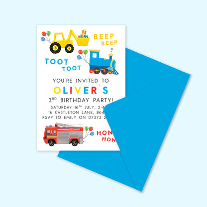 personalised transportation birthday party invitations - invites for little boy's party, digger, fire engine, train, cars, vehicles, tractor - first birthday party, second birthday party, third birthday party - 1st, 2nd, 3rd, 4th, 5th, 6th, 7th, 8th, 9th, 10th - son, boys, blue, childrens, kids, child's birthday party, printed invitations with envelopes