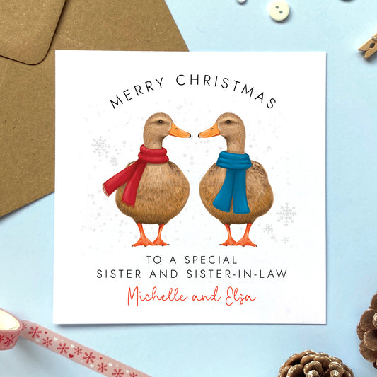 Personalised Ducks Christmas Card for Sister and Sister-in-Law