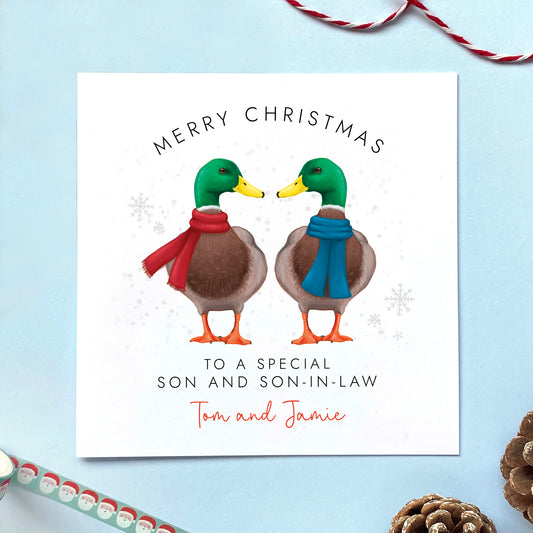 Personalised Ducks Christmas Card for Son and Son-in-Law