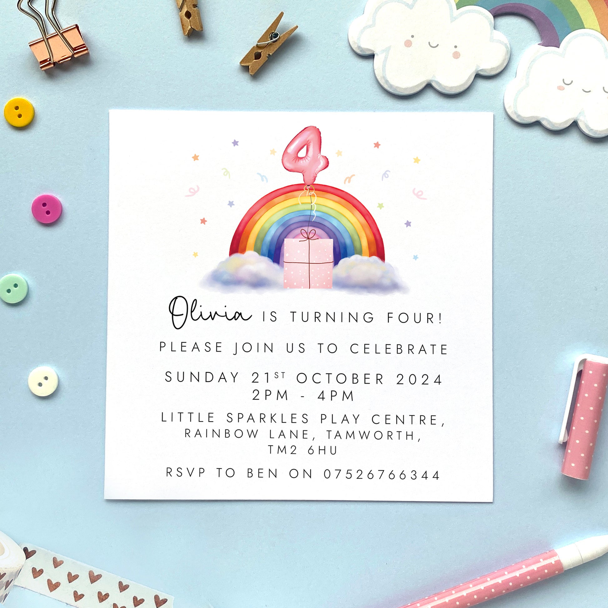 Personalised rainbow themed party invitations for a little girl's birthday party. The photo shows invites for a child's 4th birthday party.