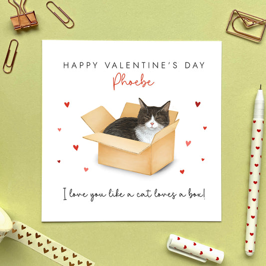 Personalised Tuxedo Cat in a Box Valentine's Day Card