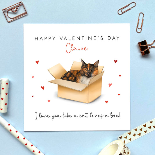 Personalised Tortoiseshell Cat in a Box Valentine's Day Card