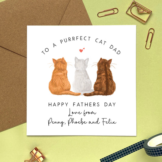 personalised cats fathers day card for cat dad - three cats card - personalised with cats names - tabby, black, white, brown, bengal, ginger - fathers day card for cat dad - cat daddy, dada, cat parent - for him, boyfriend, husband, fur baby mum, fur babies, 3 cats fathers day card