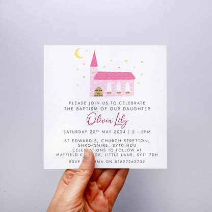 personalised baptism invites for girl - little girl's christening, daughter's, daughter, pink church, printed invites with envelopes, christening invitation