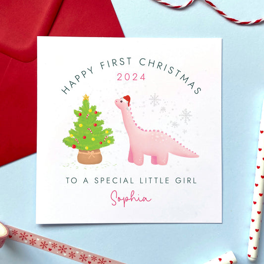 Personalised Dinosaur 1st Christmas Card for Girl