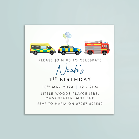 personalised emergency services themed birthday party invitations - invites for little boy's party, son, fire engine, ambulance, police car, 1st 2nd 3rd 4th 5th 6th 7th 8th 9th 10th