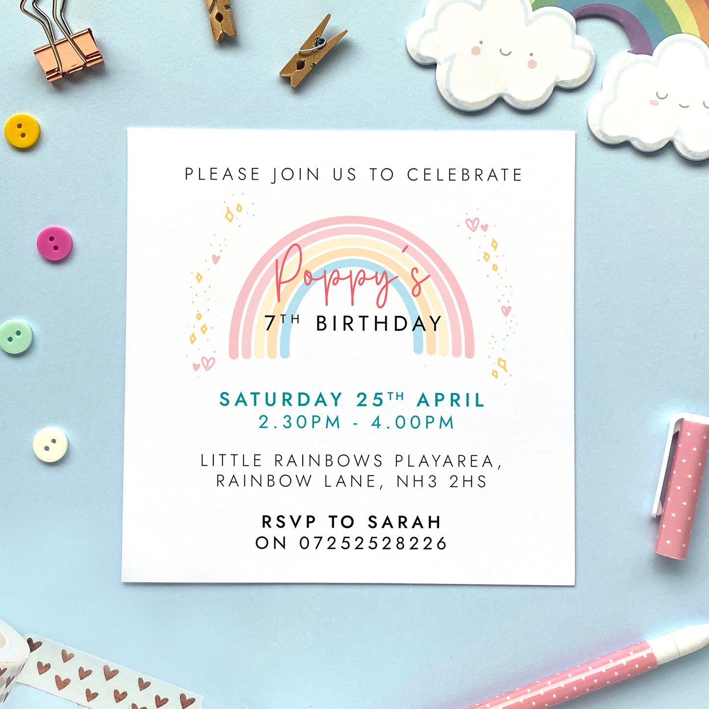 Pastel Rainbow Square Birthday Party Invites