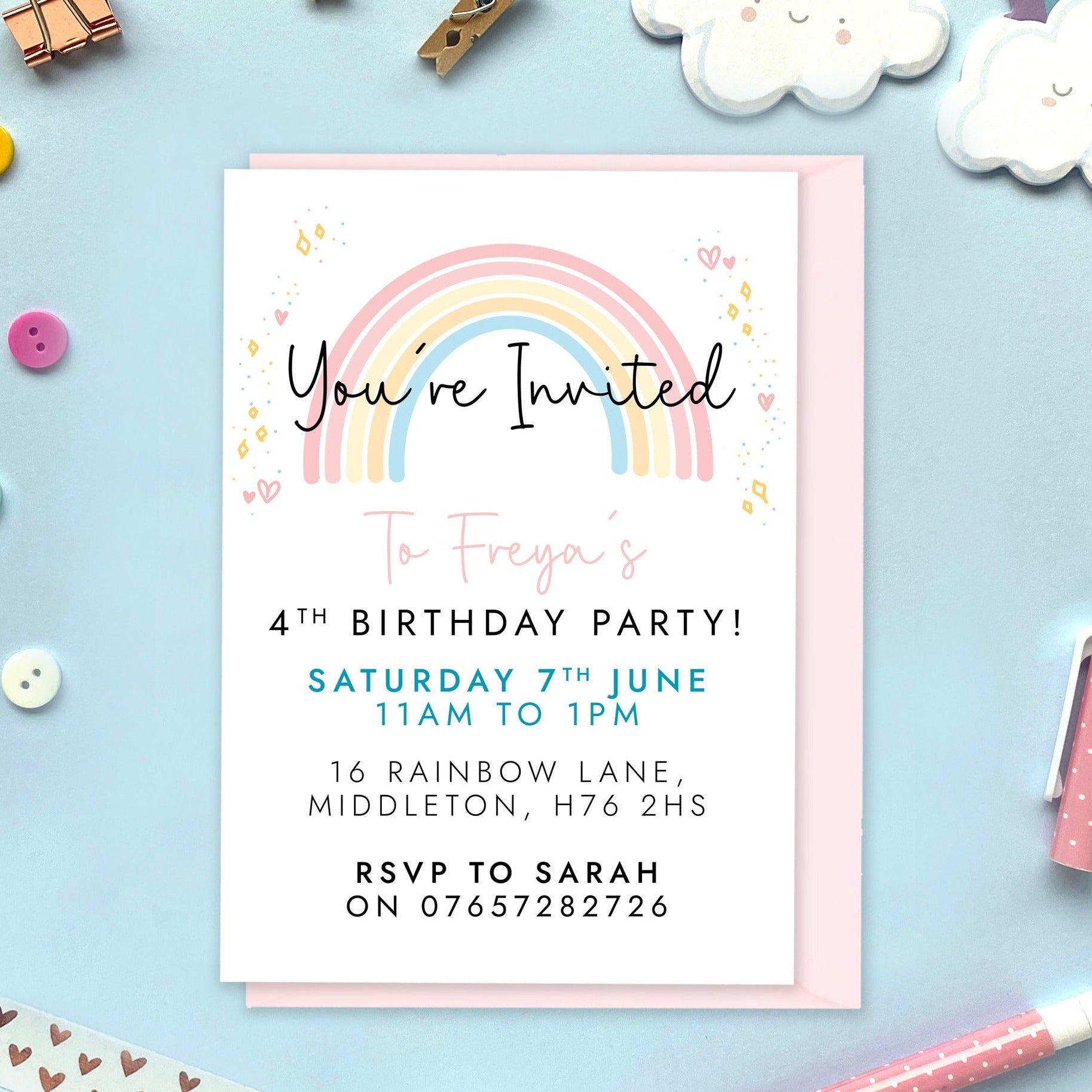 personalised rainbow pastel birthday party invitations - invites for little girl's party - first birthday party, second birthday party, third birthday party - 1st, 2nd, 3rd, 4th, 5th, 6th, 7th, 8th, 9th, 10th - daughter, pastel, childrens, kids, child's birthday party, printed invitations with envelopes