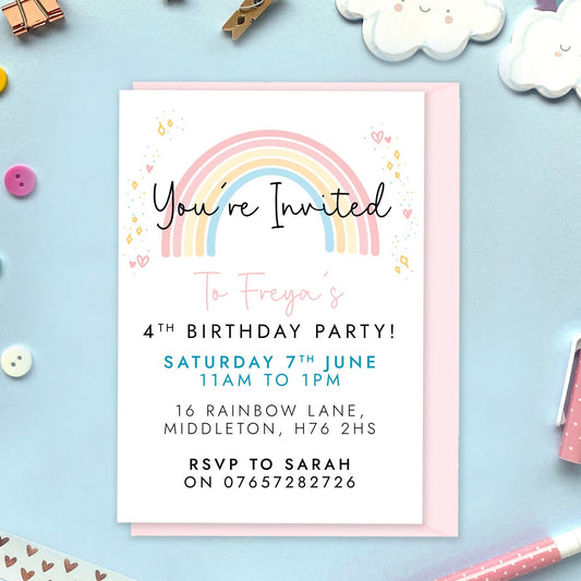 personalised rainbow pastel birthday party invitations - invites for little girl's party - first birthday party, second birthday party, third birthday party - 1st, 2nd, 3rd, 4th, 5th, 6th, 7th, 8th, 9th, 10th - daughter, pastel, childrens, kids, child's birthday party, printed invitations with envelopes