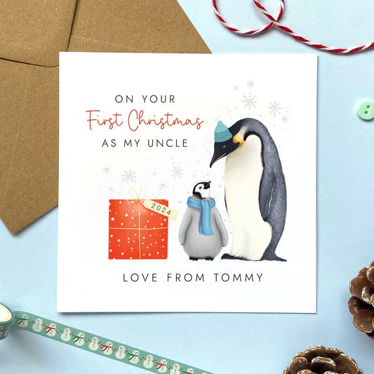 Personalised First Christmas as My Uncle Penguins Card