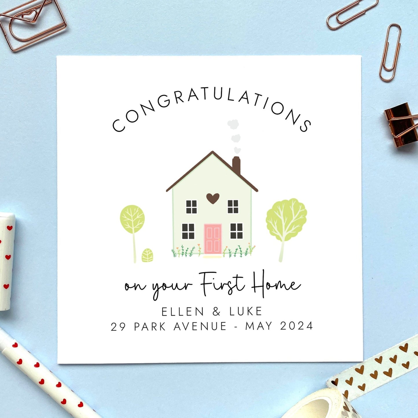 A personalised Congratulations on your First Home card. It can be customised with names, address and moving date.