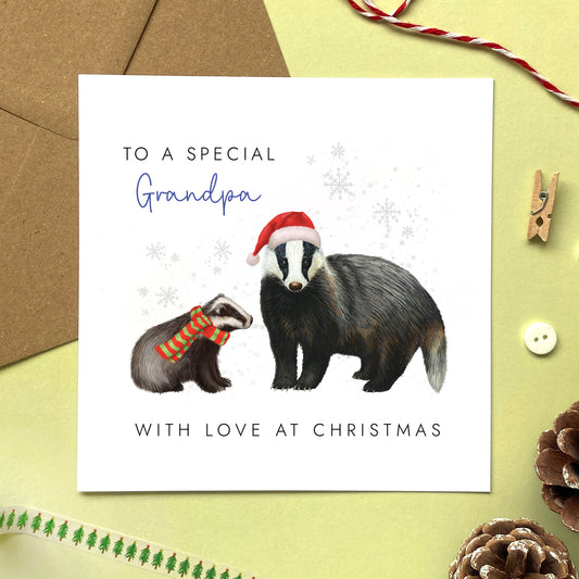 A personalised Christmas Card for Grandpa featuring a Father Badger and Baby Badger.