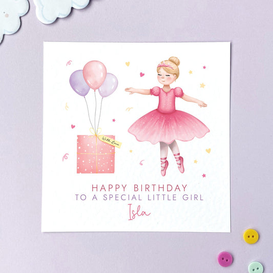 A personalised Ballerina Birthday Card for Girl. The card in the photo is a Birthday Card for Little Girl.