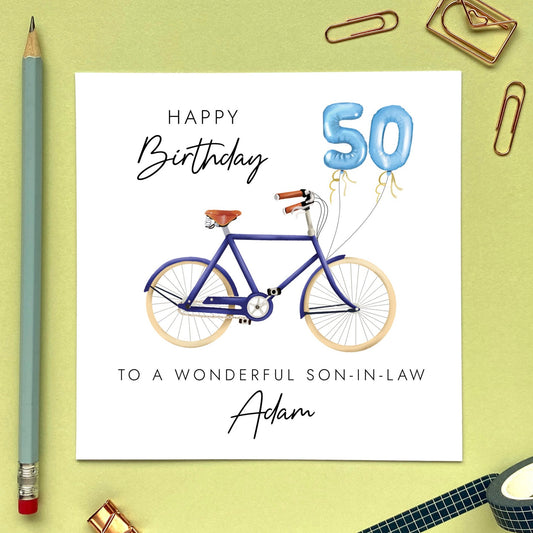 personalised bike 50th birthday card for him - son in law, brother, uncle, male, friend, man, men, cycling, husband, partner, boyfriend, fiance, son