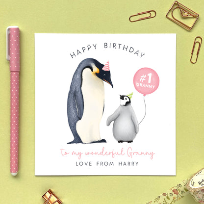 personalised penguins birthday card to a special granny gran grandma nan nanny nana 50th 60th 70th 80th 90th 100th - birthday card for granny from grandson granddaughter