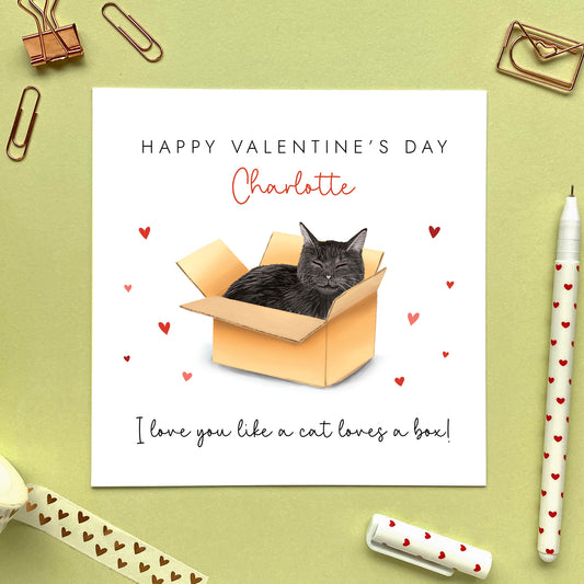 Personalised Black Cat in a Box Valentine's Day Card