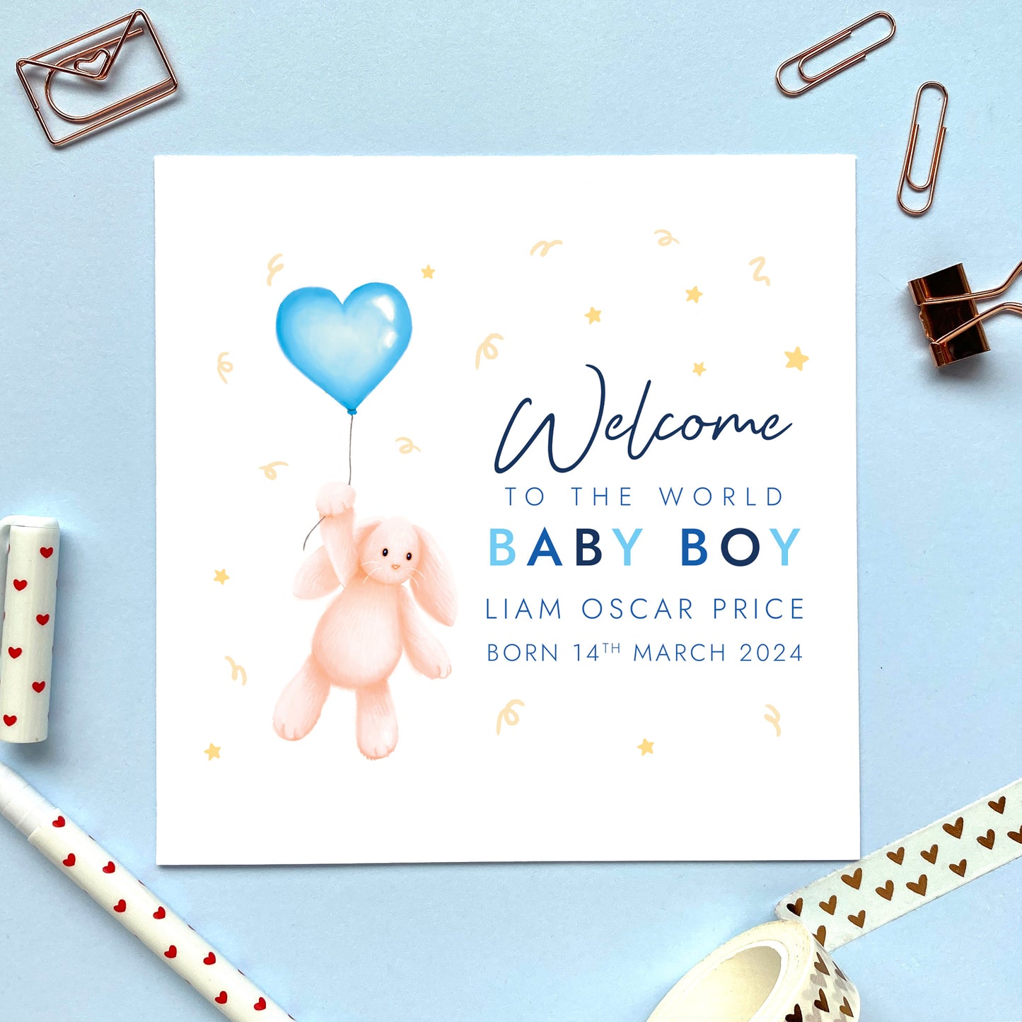 Personalised Bunny New Baby Card for Boy