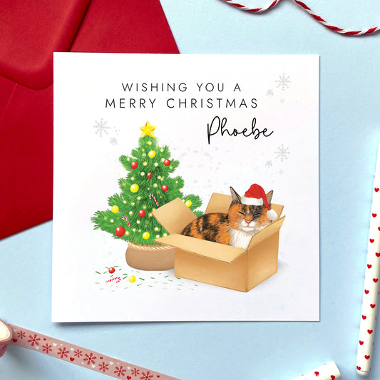 A personalised Christmas card featuring a calico cat in a box wearing a santa hat next to a christmas tree. It can be personalised with a name, and is suitable for a range of relations such as Wife, Girlfriend, Daughter, Granddaughter, Niece and Mum.