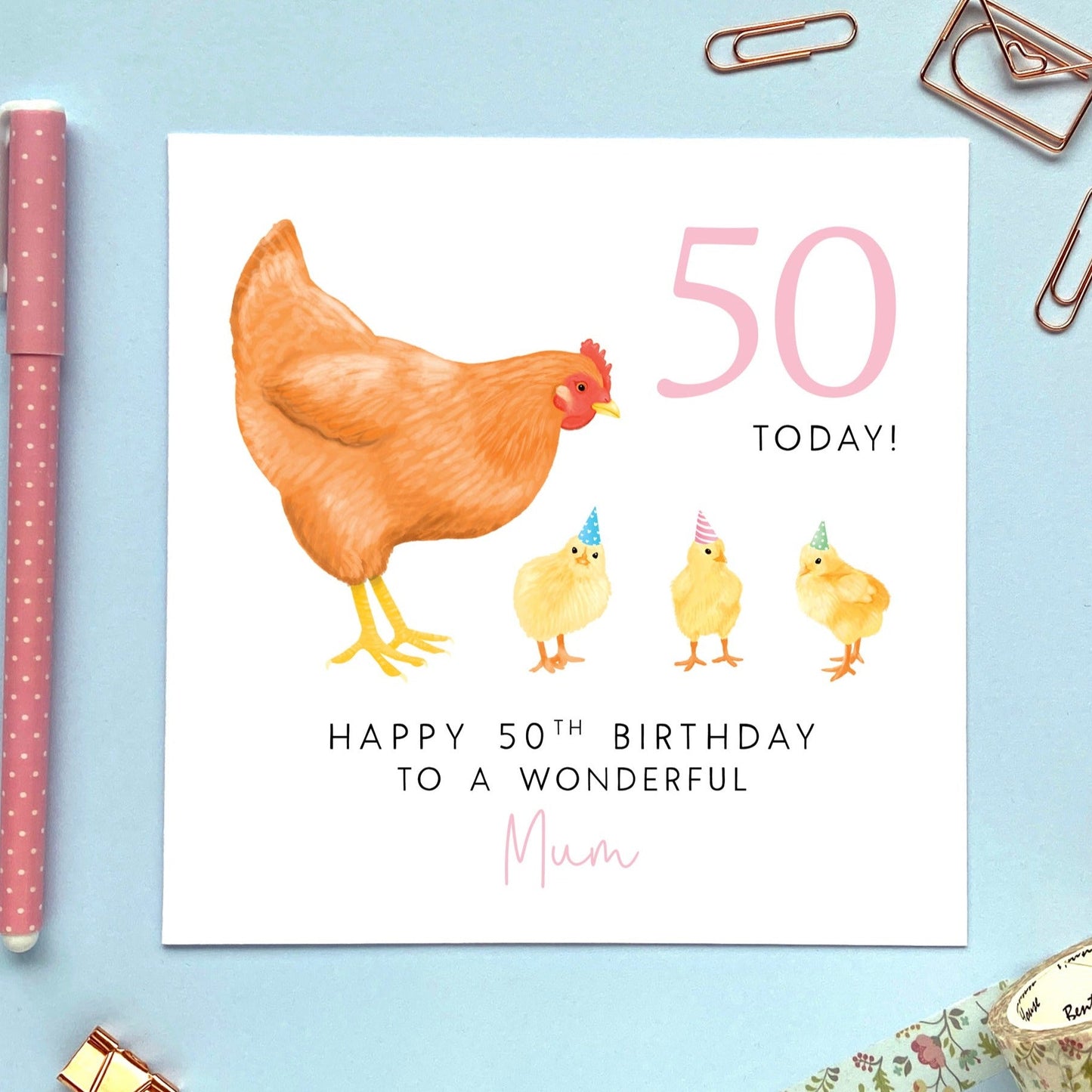 personalised chicken birthday card for Mum - birthday card for Mom - Mummy, Mommy, Mama, Mam - Gran, Granny, Grandma, Nan, Nana, Nanny - 50th, 60th, 70th, 80th, 90th - three children, 3 kids