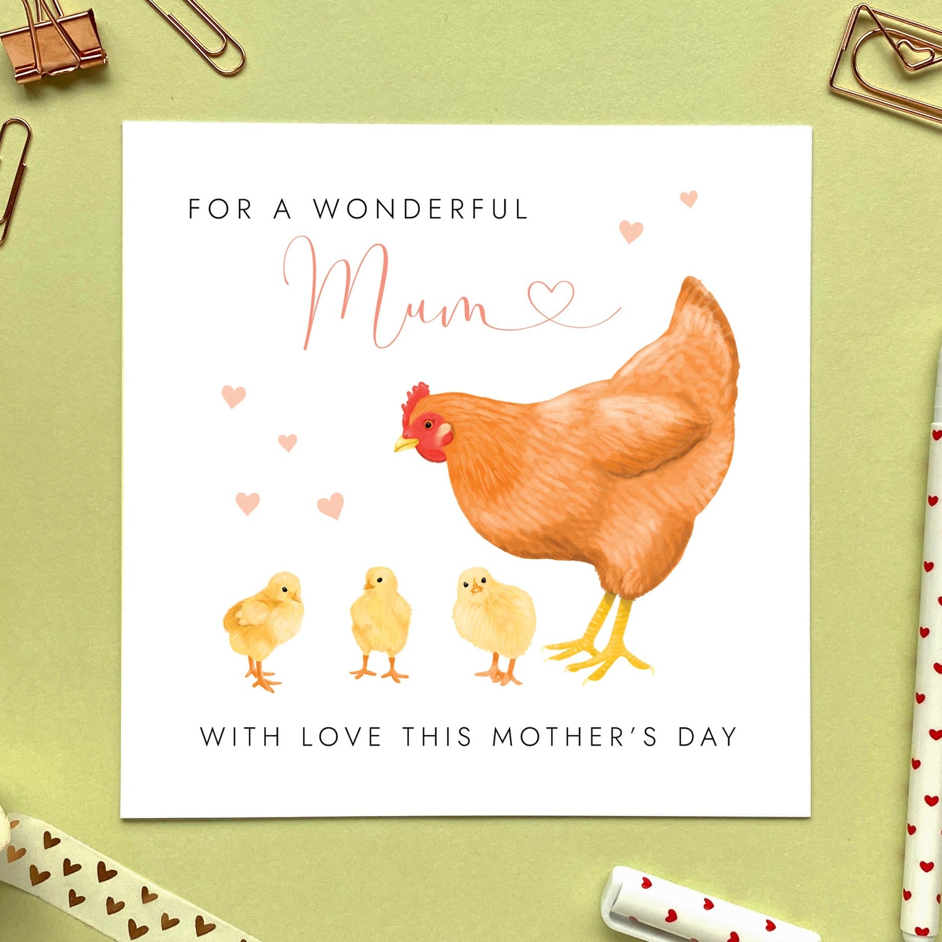 personalised chicken mother's day card - happy mother's day - triplets, three babies, 3 children - son, daughter, baby - cute, special, handmade, uk - with love - to a wonderful mum - mom, mam, mummy, mommy, mama - gran, grandma, granny, nan, nanny, nana