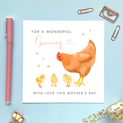 personalised chicken mother's day card - happy mother's day - triplets, three babies, 3 children - son, daughter, baby - cute, special, handmade, uk - with love - to a wonderful mum - mom, mam, mummy, mommy, mama - gran, grandma, granny, nan, nanny, nana