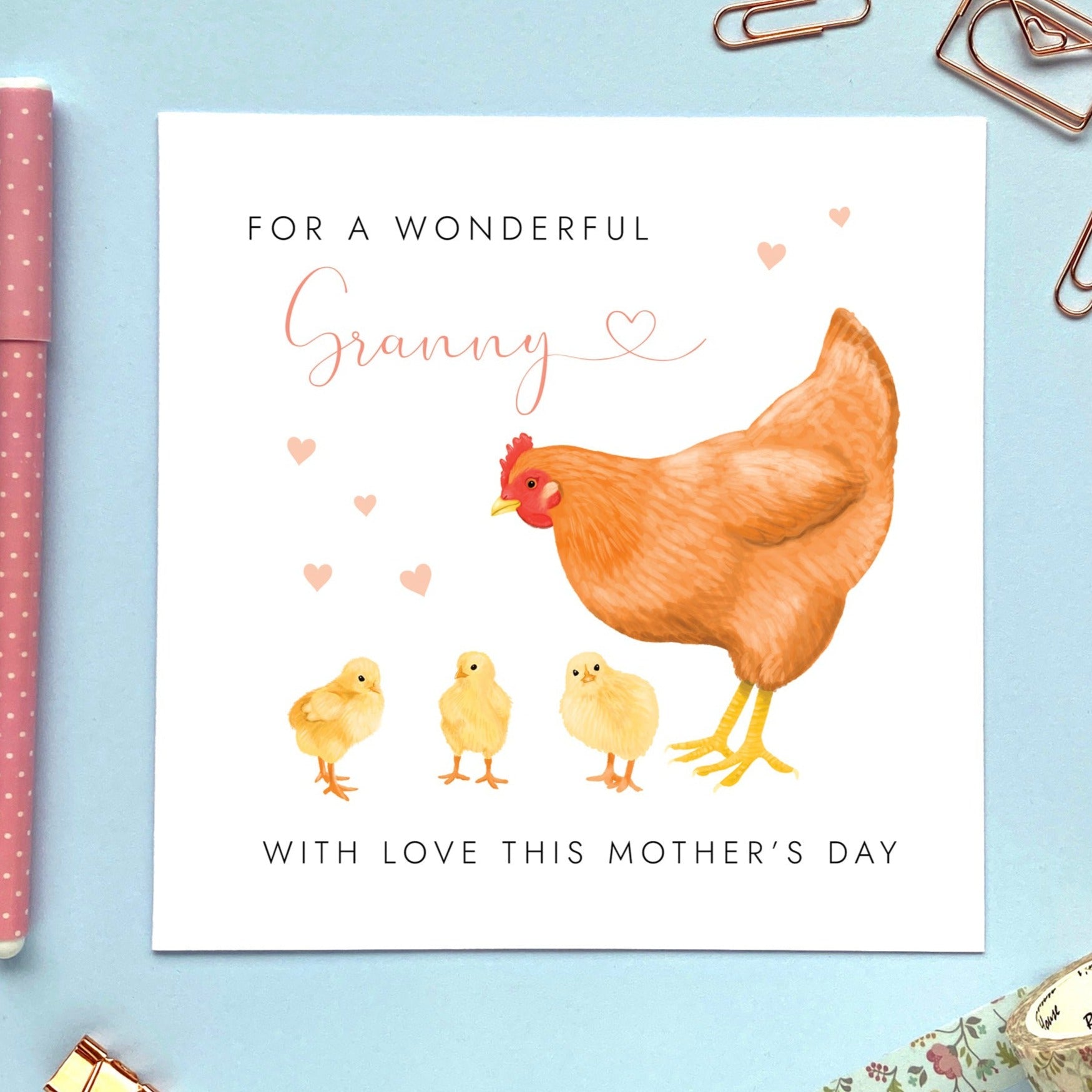 personalised chicken mother's day card - happy mother's day - triplets, three babies, 3 children - son, daughter, baby - cute, special, handmade, uk - with love - to a wonderful mum - mom, mam, mummy, mommy, mama - gran, grandma, granny, nan, nanny, nana