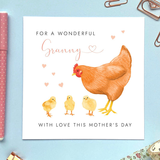 personalised chicken mother's day card - happy mother's day - triplets, three babies, 3 children - son, daughter, baby - cute, special, handmade, uk - with love - to a wonderful mum - mom, mam, mummy, mommy, mama - gran, grandma, granny, nan, nanny, nana