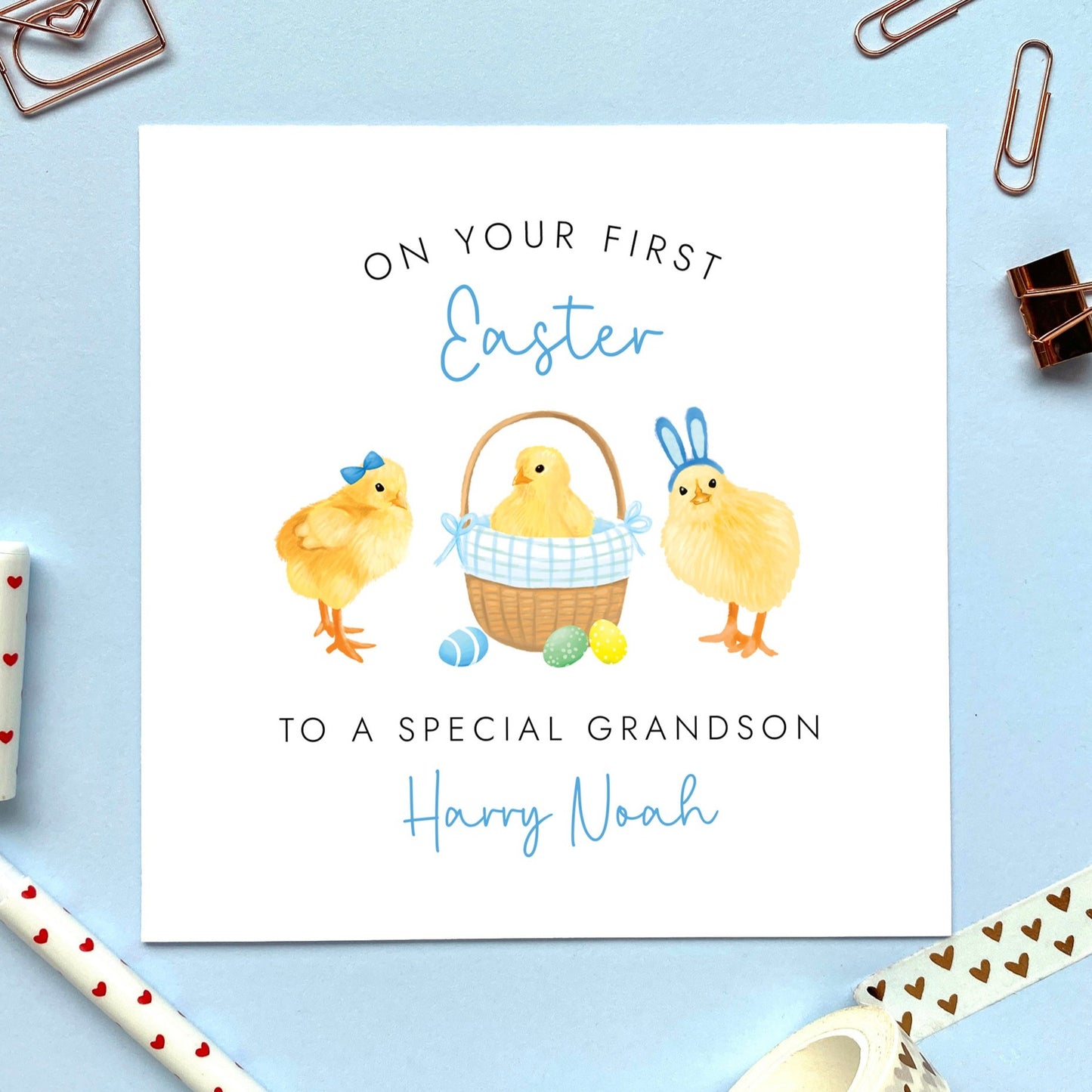 personalised chicks first easter card for boy - baby's first easter card, 1st easter card for boy, easter card for son, grandson, nephew, brother, cousin, children, child, baby, godson, boys  - chicks, chickens, cute, handmade, special, first easter card for grandson