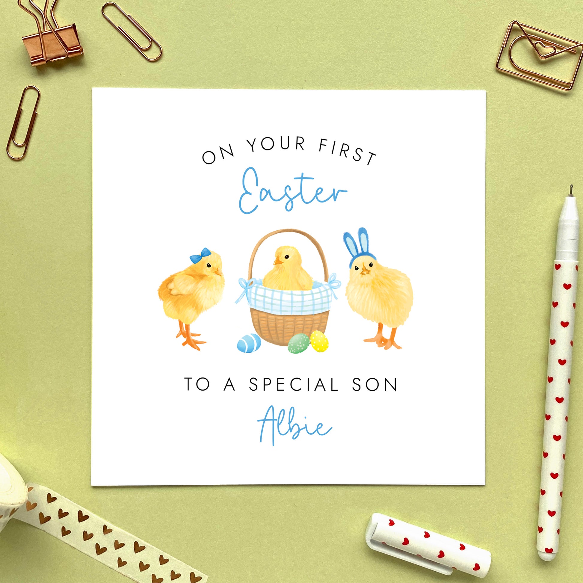 personalised chicks first easter card for boy - baby's first easter card, 1st easter card for boy, easter card for son, grandson, nephew, brother, cousin, children, child, baby, godson, boys  - chicks, chickens, cute, handmade, special, first easter card for grandson