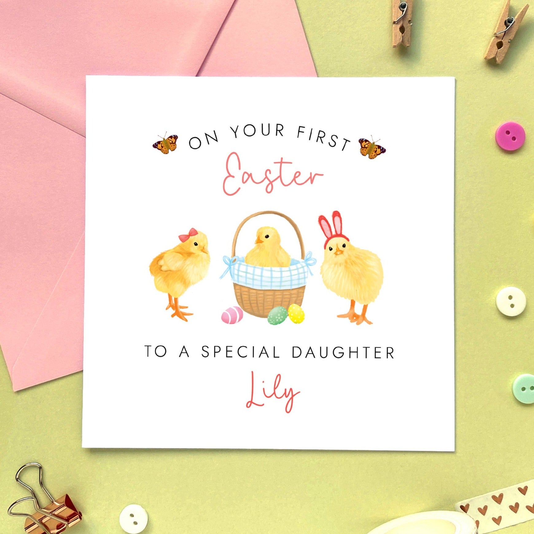 personalised chicks first easter card for girl - baby's first easter card, easter card for baby, easter card for   daughter, granddaughter, niece, sister, cousin, children, child, baby, goddaughter, girls, little girl, 1st easter