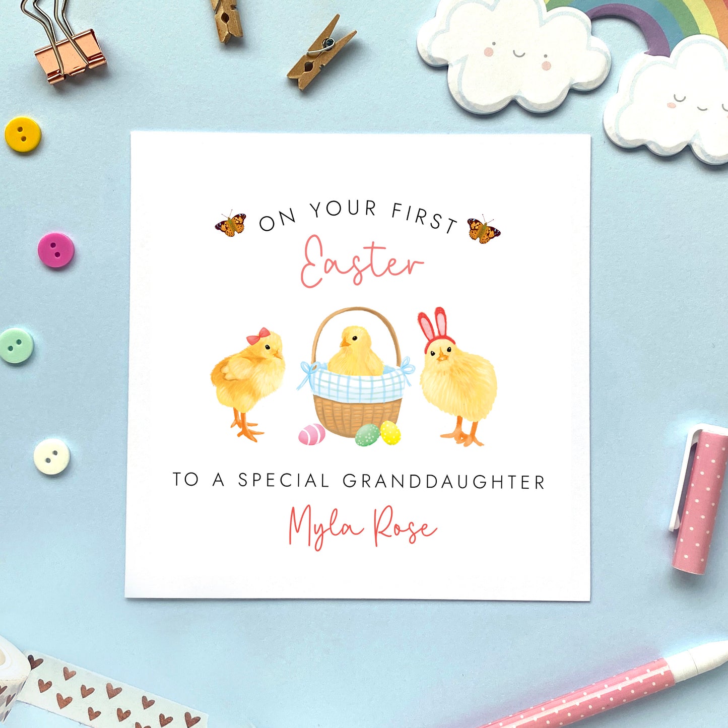 personalised chicks first easter card for girl - baby's first easter card, easter card for baby, easter card for   daughter, granddaughter, niece, sister, cousin, children, child, baby, goddaughter, girls, little girl, 1st easter