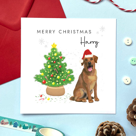 A personalised Christmas card featuring a chocolate brown labrador dog. It can be personalised with a name and is suitable for a range of relations such as Brother, Husband, Dad, Uncle, Son in Law and Friend.