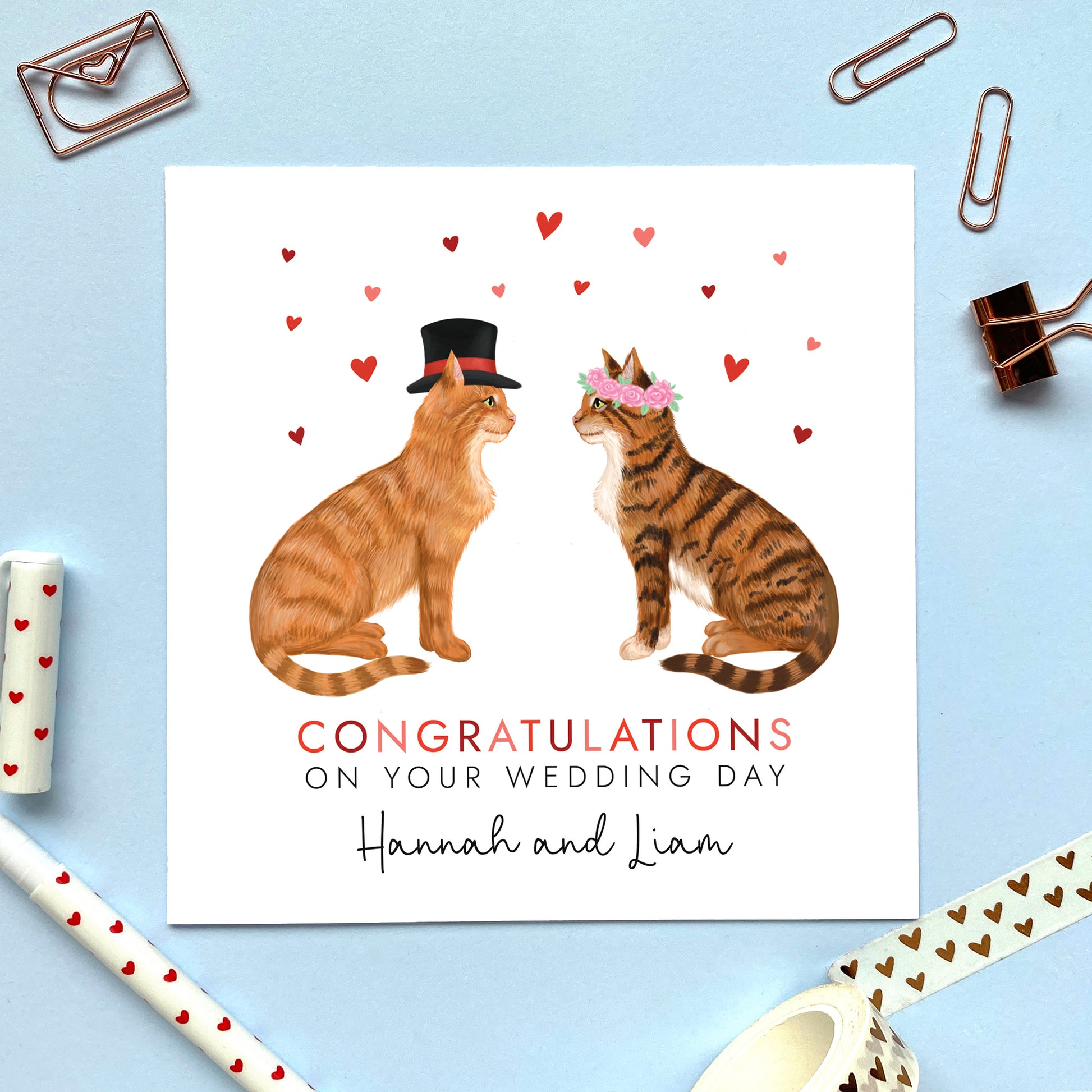 A personalised congratulations on your wedding day card for Mr and Mrs. You can choose both cats on the card. It's ideal for any couple who are just married, such as daughter and son-in-law, son and daughter-in-law, grandson and wife, granddaughter and husband, friends and family.