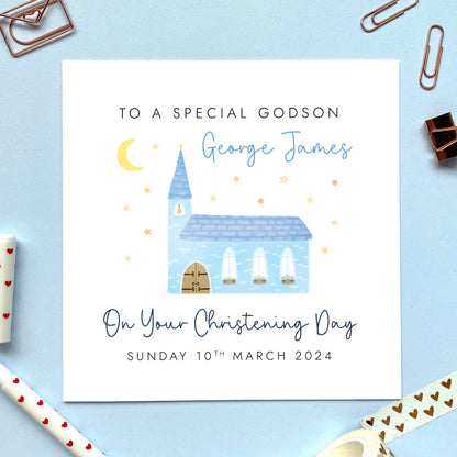 personalised christening card for boy - him, son, grandson, nephew, godson, male, boys, blue church, religious, christian, baptism, name and date, to a special godson on your christening day card