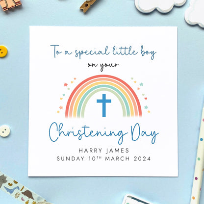 personalised rainbow christening card for boy - to a special little boy on your christening day - son, grandson, nephew, godson, great grandson, great nephew, baptism, cross, christian, special, handmade, name and date