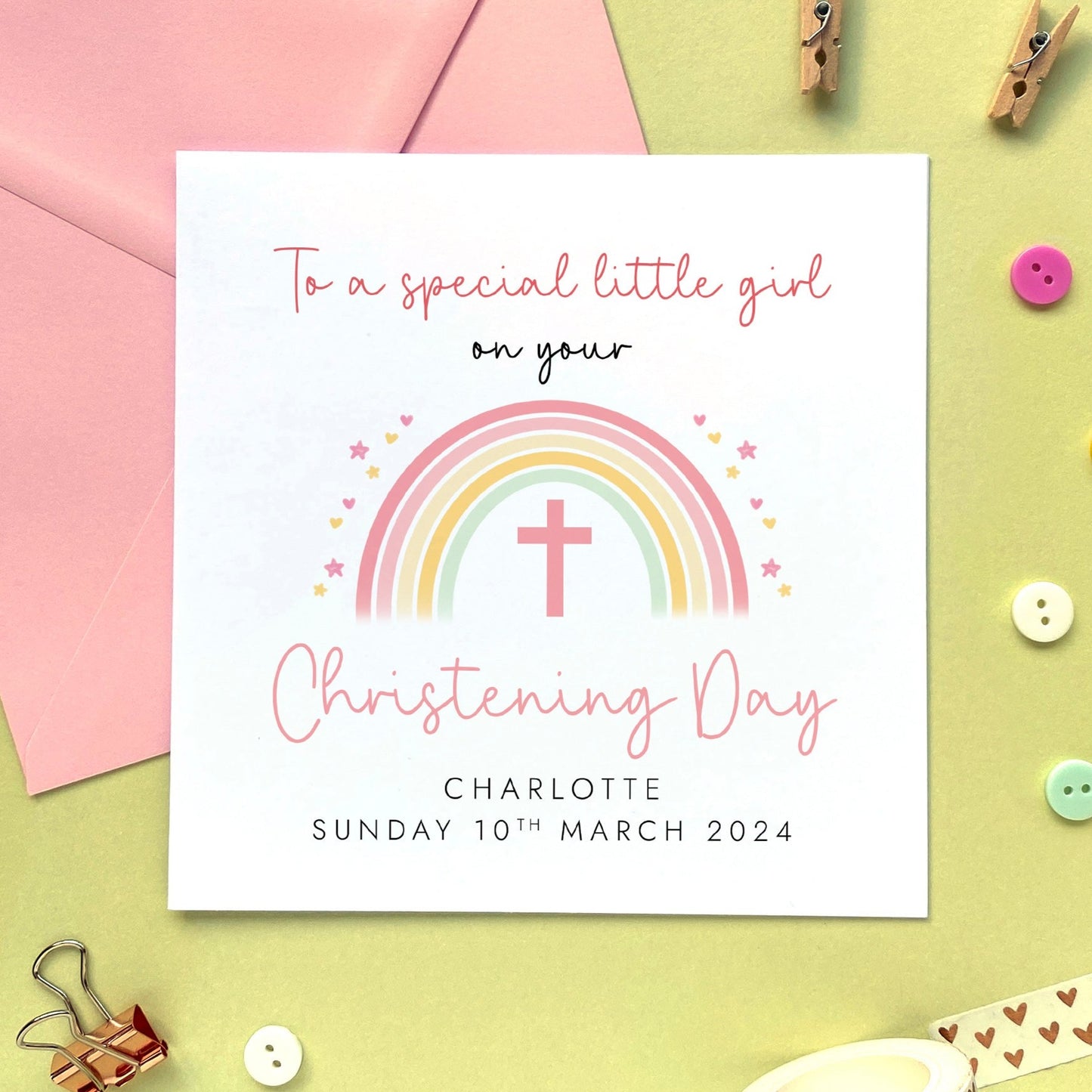 Personalised Rainbow Christening Card for Girl - to a special little girl on your christening day - goddaughter, daughter, granddaughter, niece, pink, cross, christian, name and date, special, cute