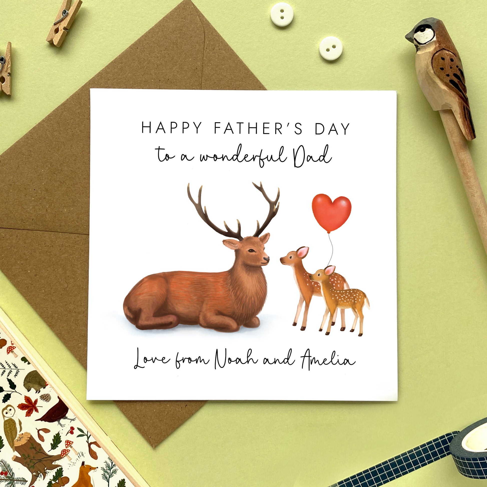 personalised deer father's day card - to a special dad - special daddy - dada, grandad, grandpa, papa - fawn, stag, woodland animal, cute, unique, handmade, from girl, from boy, son, daughter, baby, first father's day, two children, 2 babies, twins