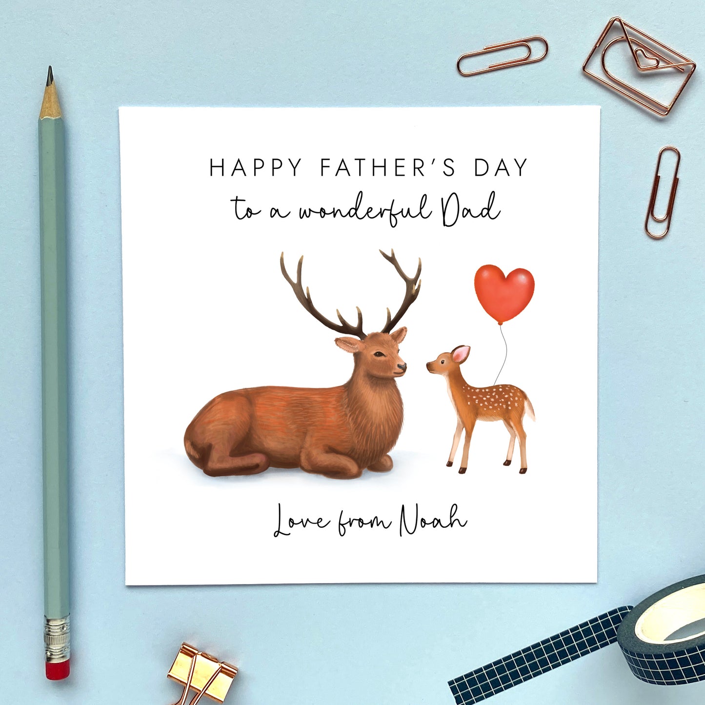 personalised deer father's day card - to a special dad - special daddy - dada, grandad, grandpa, papa - fawn, stag, woodland animal, cute, unique, handmade, from girl, from boy, son, daughter, baby, first father's day