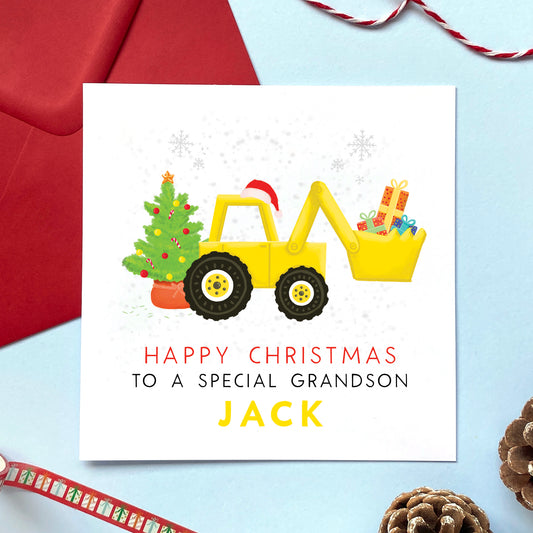 A personalised yellow digger Christmas card for Grandson.