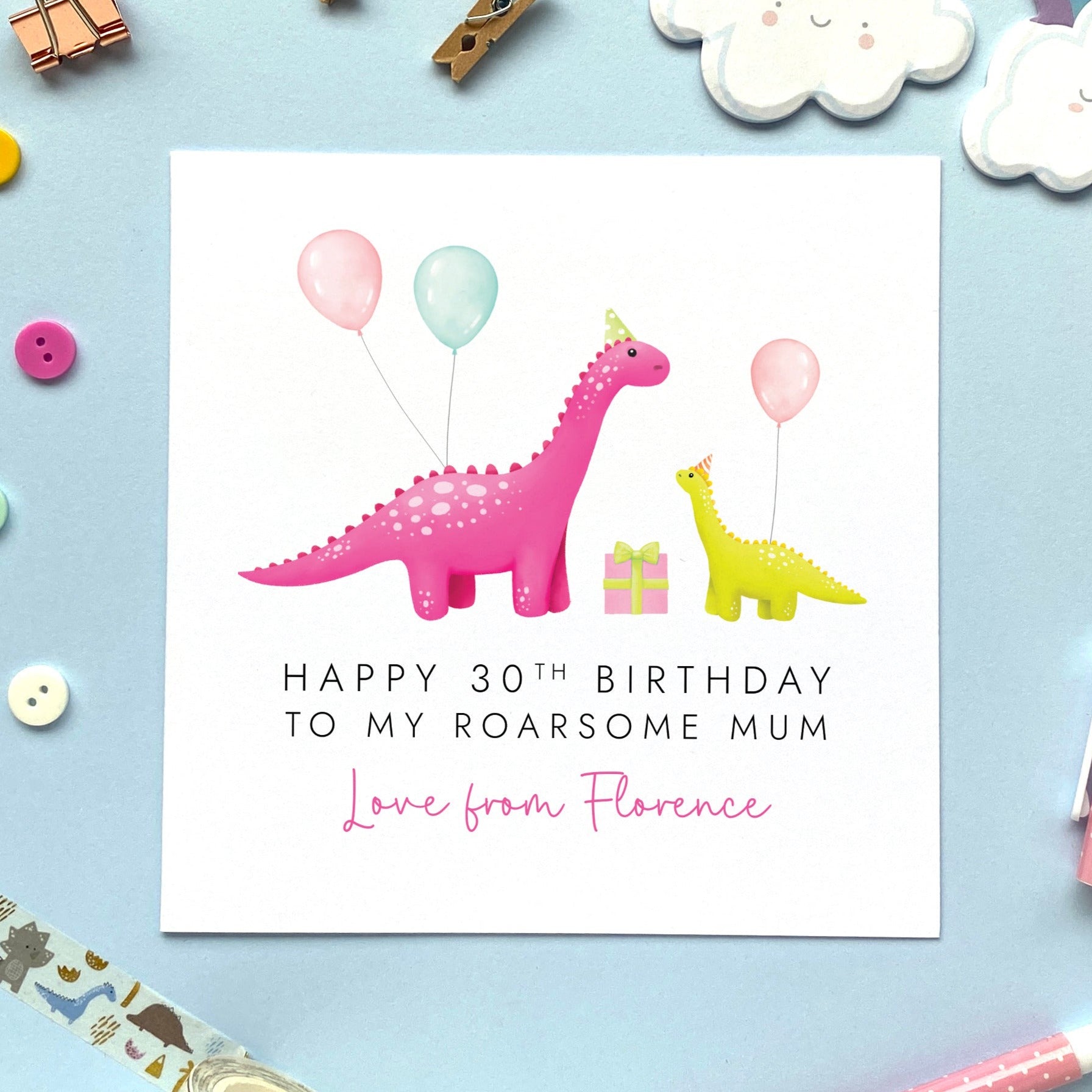 personalised dinosaur birthday card for mummy - mum, mom, mama, mommy, mother - from son, daughter - cute, pink, handmade, special, to my roarsome mummy, 30th, 40th, 50th