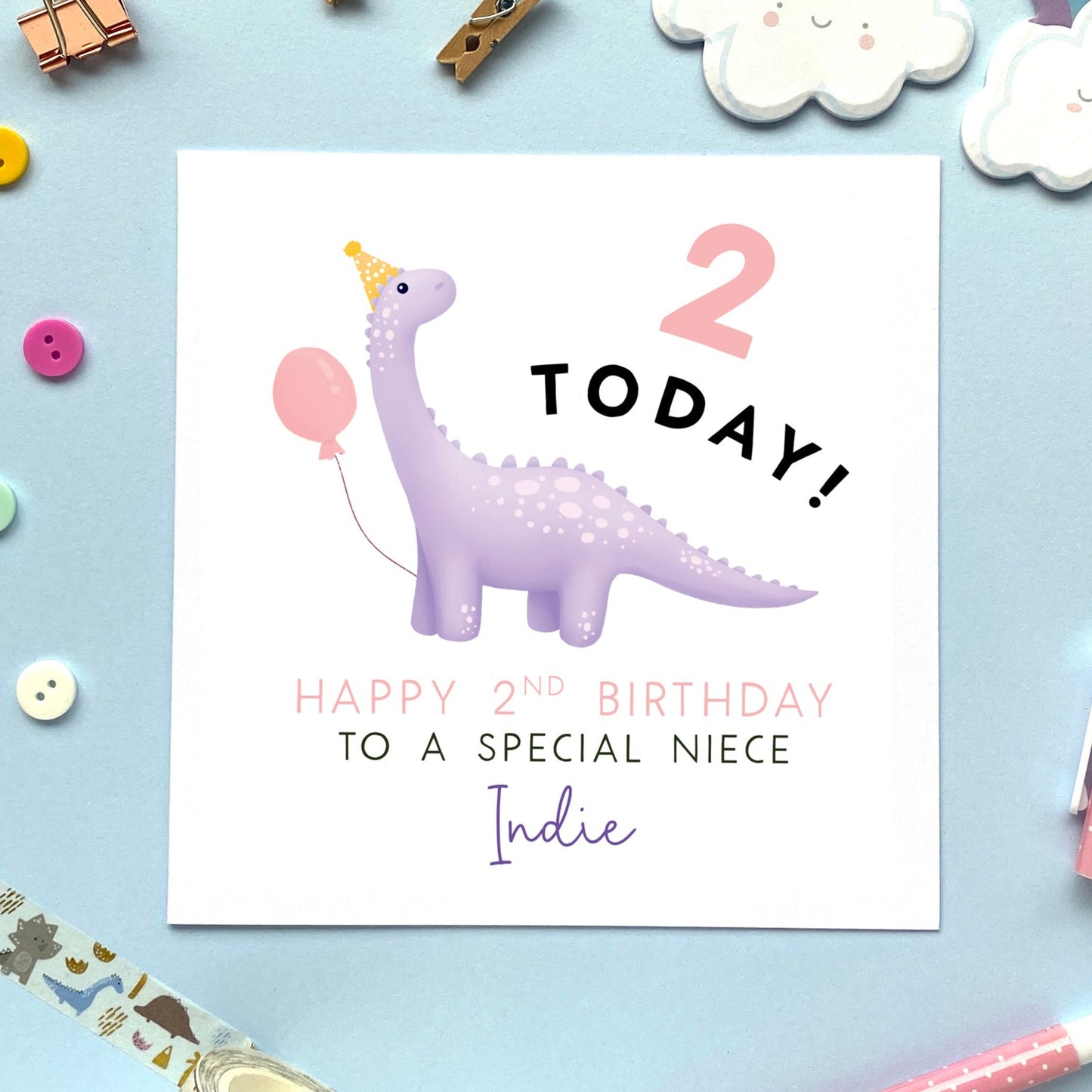 personalised dinosaur birthday card for girl - any age birthday card - purple, lilac, daughter, granddaughter, niece, great niece, great granddaughter, sister, cousin, goddaughter, girl