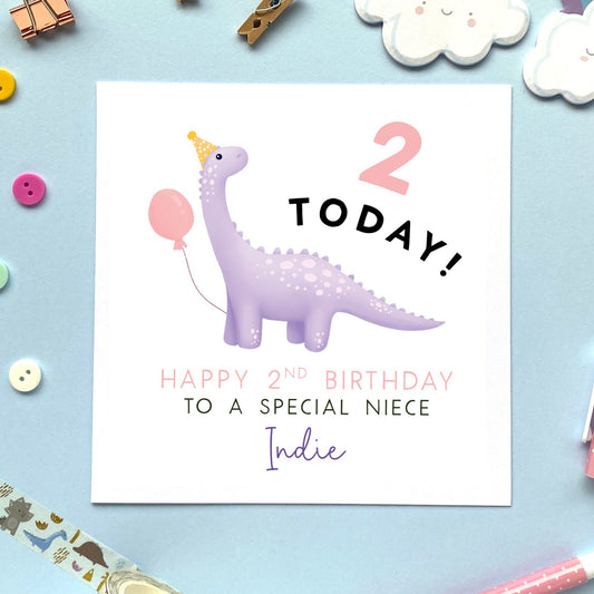 personalised dinosaur birthday card for girl - any age birthday card - purple, lilac, daughter, granddaughter, niece, great niece, great granddaughter, sister, cousin, goddaughter, girl