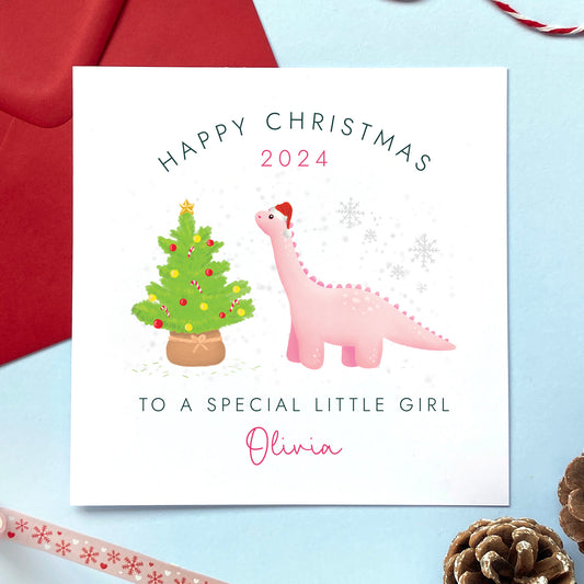 A personalised Pink Dinosaur Christmas Card for Little Girl.