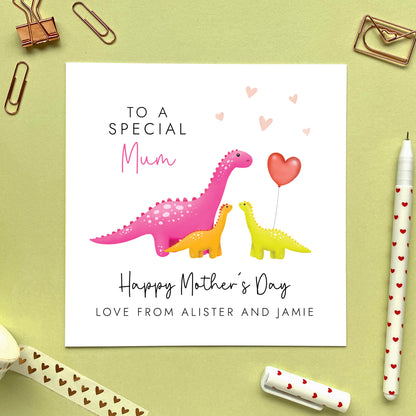 personalised dinosaur mother's day card - mother of twins - mother of two children, two kids, two babies - son daughter - to our roarsome mummy - mommy, mama, mum, mom, mama - special, cute, handmade