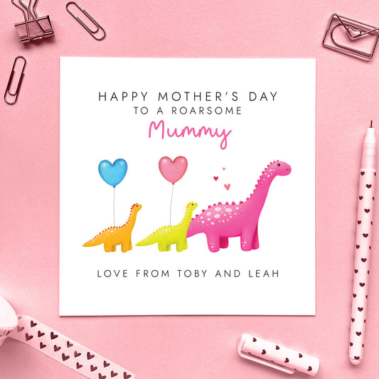 Personalised Dinosaur Two Children Mother's Day Card for Mummy