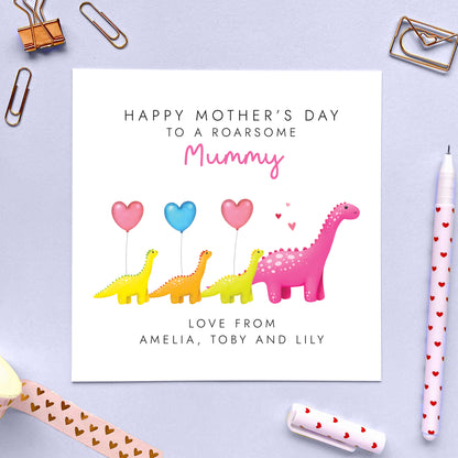 Personalised Dinosaur Three Children Mother's Day Card for Mummy