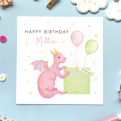 personalised dragon birthday card for girl - daughter, granddaughter, niece, baby, children, sister, goddaughter, girls, pink, unique, special, 1st 2nd 3rd 4th 5th 6th 7th 8th 9th 10th