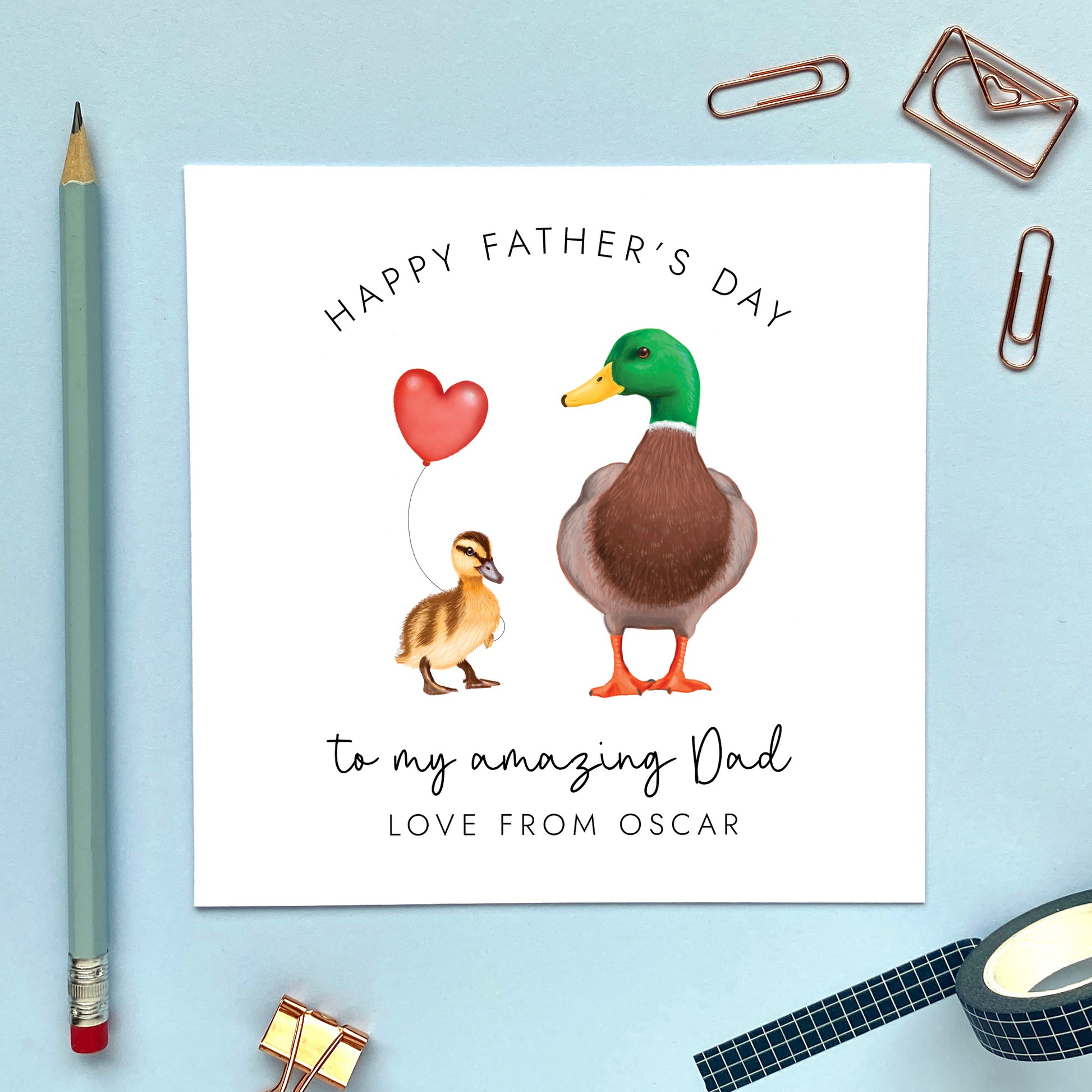 personalised duck fathers day card - to a special dad, daddy, dada, grandad, grandpa, papa - from son, daughter, cute, unique, special, handmade - mallard, wildlife, duckling